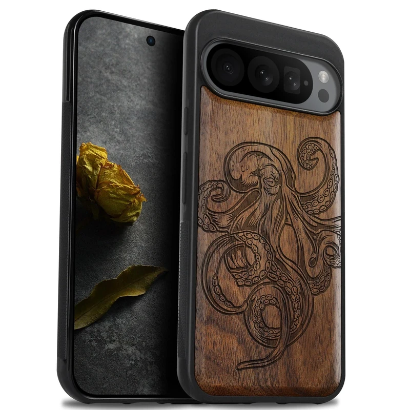 Carveit Wood Case for Google Pixel 9 Pro - Natural Wood & Black Soft TPU - Shockproof Protective Cover - Unique Wooden Case - Octopus Drawing - Walnut