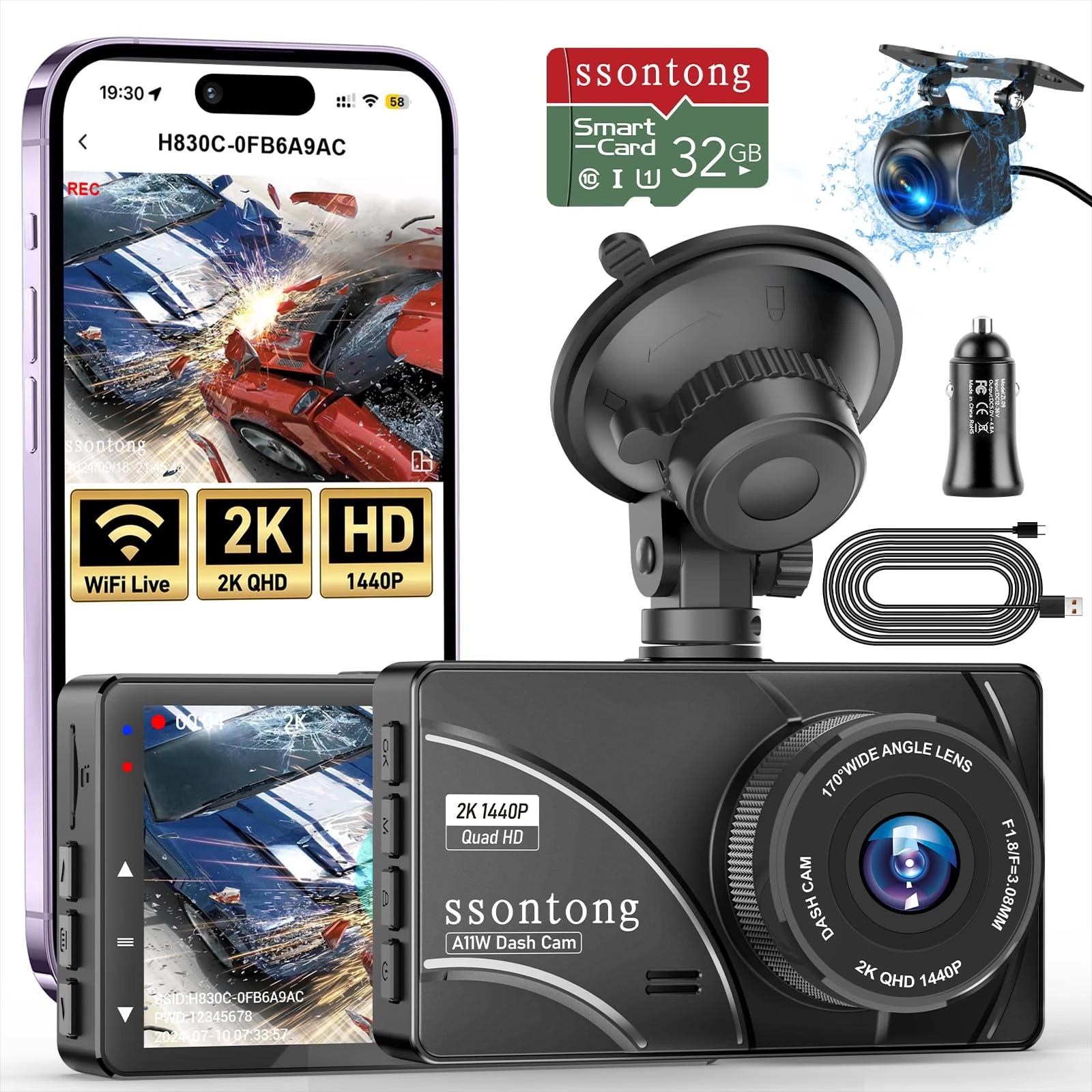 Dash Cam Front and Rear, Dash Cam 2K Dashcam WiFi/FREE APP Control Car Camera Dash Cam Front 170°+140°Rear Dash Camera W/WDR,Night Vision,G-Sensor,Loop Recording,Parking Monitor,Max 512GB, USB Powered