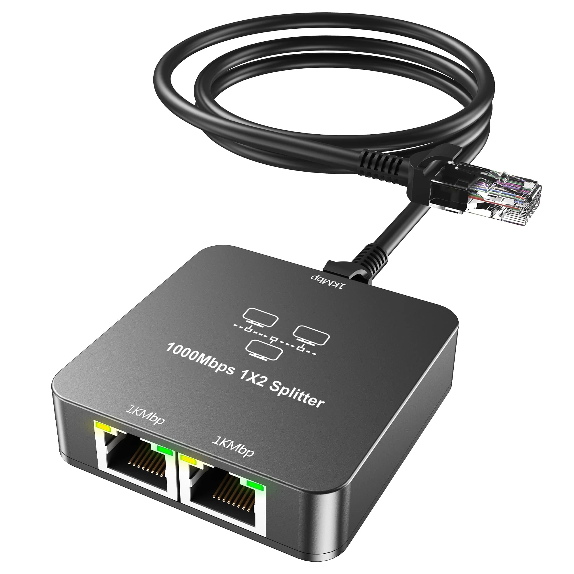 uhddadi 1 to 2 Ethernet Splitter with Cat 6 Cable, 1000Mbps High Speed Switch, RJ45 Connector for Cat 5/5e/6/7/8 Cable, Gray