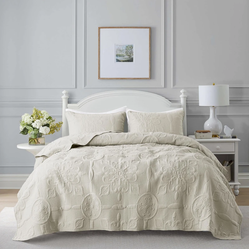 Light Beige Damask Quilt California Cal King Size Bedding Sets with 2 Pillow Shams, Oversized Boho Bedspread Lightweight Soft Farmhouse Vintage Coverlet Jacquard Bed Cover for All Season, 3 Pieces