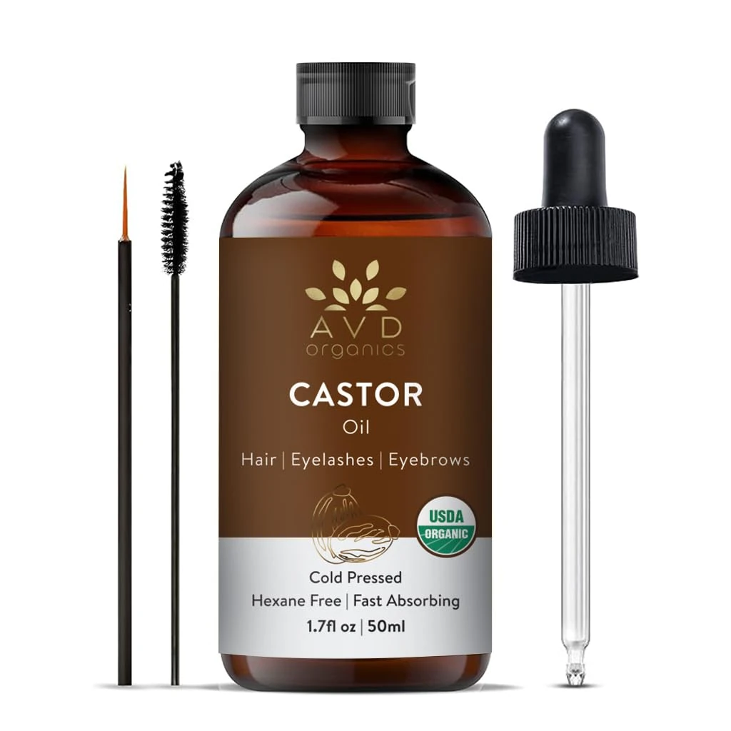 AVD Organics Castor Oil 50ml | USDA Certified Organic | 100% Pure & Hexane Free | Cold Pressed Castor Oil for Eyelashes, Eyebrows & Hair Growth | With Eyebrow & Eyelash Brush – 1.7 fl oz