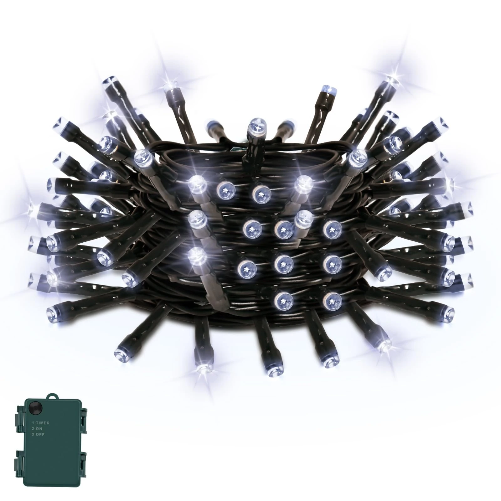 Gcstnn Battery Operated Christmas Lights, 5M/16.4Ft 50LED Outdoor Fairy Lights with 6h Timer,IP65 Waterproof String Lights On Green Cable,for Bedroom Xmas Tree,Garden,Indoor Decorations,Cool White