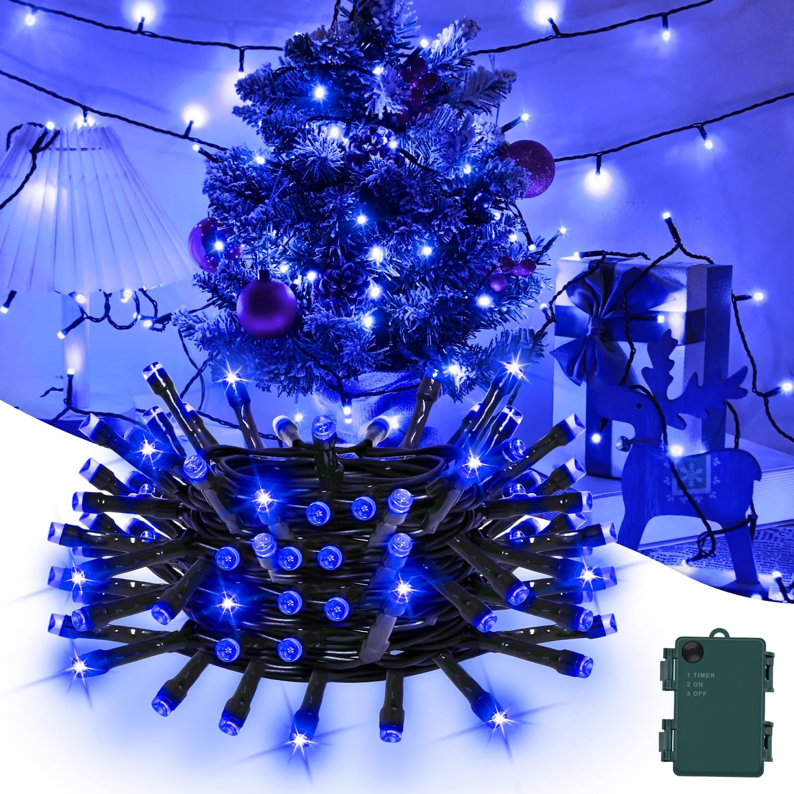 Gcstnn Battery Fairy Lights, 3M/9.8Ft 30LED Battery Powered Fairy Lights Indoor Outdoor with 6h Timer Waterproof String Lights On Green Cable,for Bedroom Christmas Tree Decorations,Garden-Blue