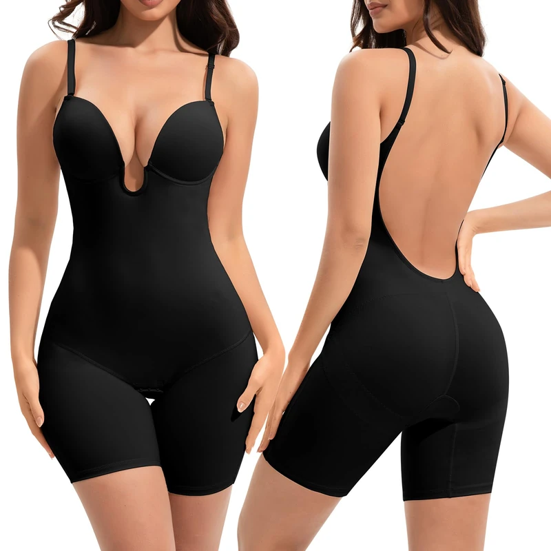Slimers Backless Shapewear Tummy Control: Low Back Plunge Shapewear Bodysuit - Slimming Built-In Bra Full Body shaper Woman, Black, Large
