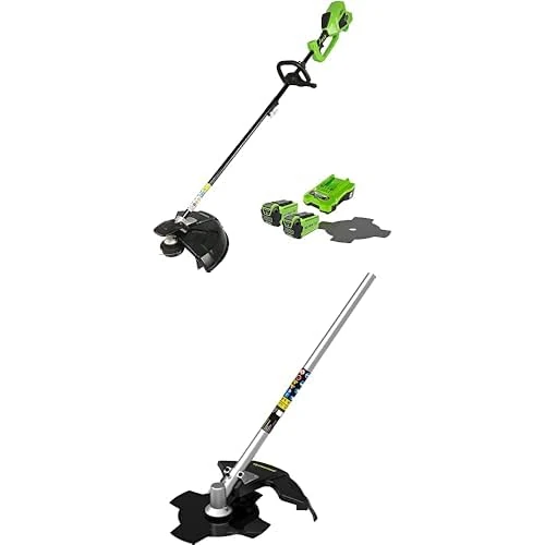 Greenworks 40V Cordless Brushcutter Brushless, Adjustable Height, 40cm Cutting Width, Bump Feed, with 2pcs 2Ah Battery & Charger, GD40BC + Extra Brush Cutter Blade Attachment