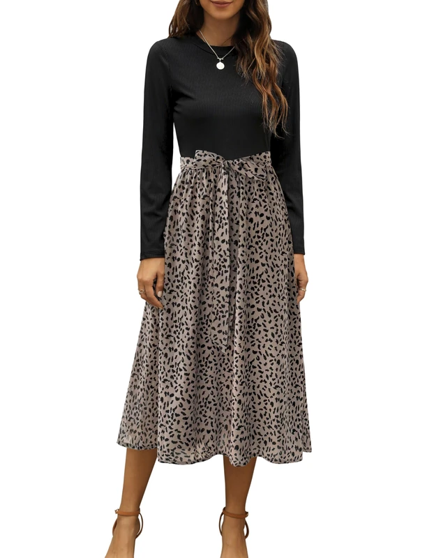 Zattcas Women's Clothing 2024 Summer Dress Short Sleeve Ribbed Teacher Church Modest Business Casual Work Outfits Midi Dress, Long Sleeve-blackbrown, M - Image 1