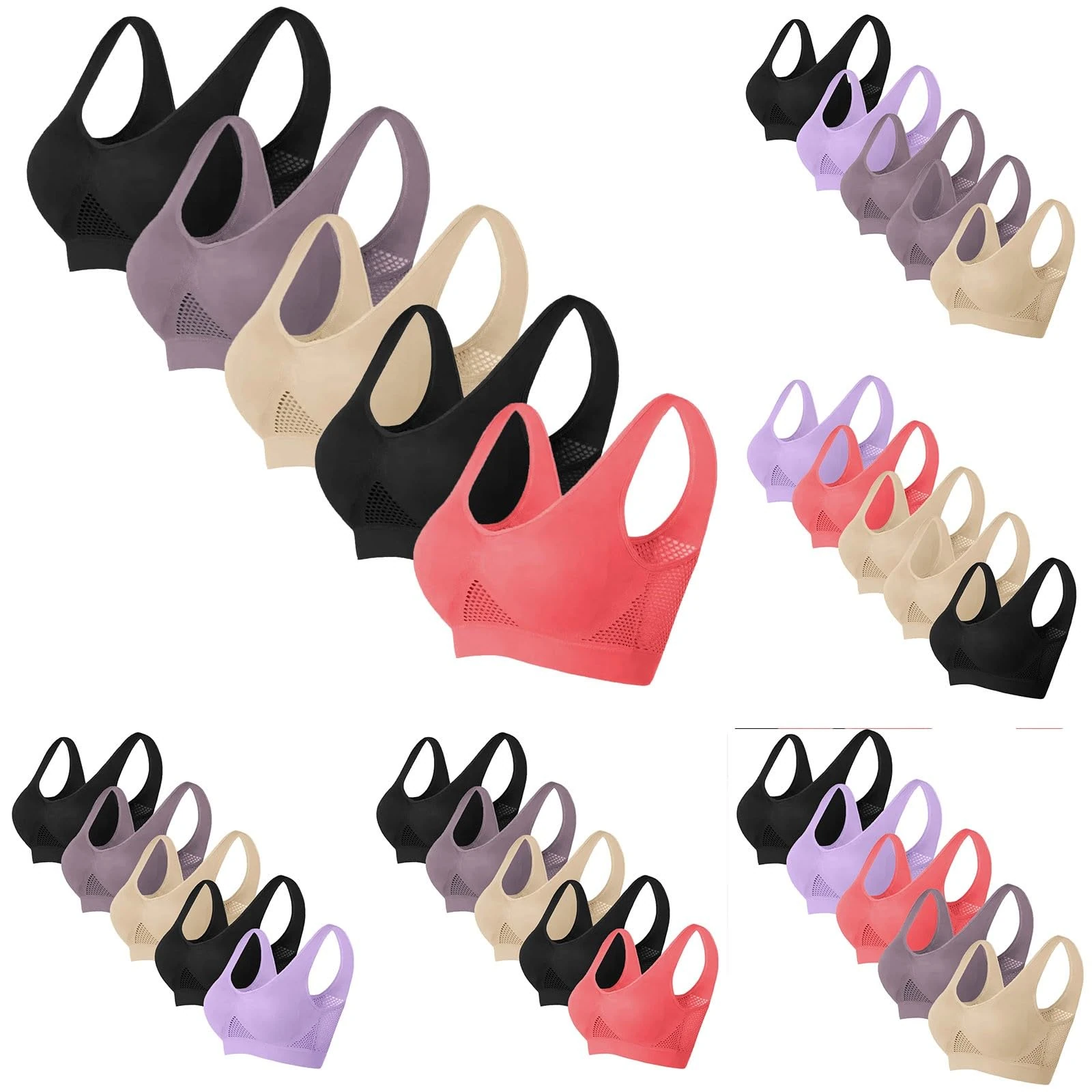 5 Pack Daisy Bras Breathable Cool Liftup Air Bras for Women, 2024 New Cooling Mesh Bra Wireless Sports Bras for Women, 1 Beige, XL