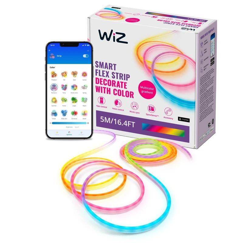 WiZ Tunable White and Color Neon Flex Lightstrip 5 m, LED Strip with 16 Million Colours or Dimmable Light from Warm White to Cool White, Intelligent Light Control via WLAN by Voice or App