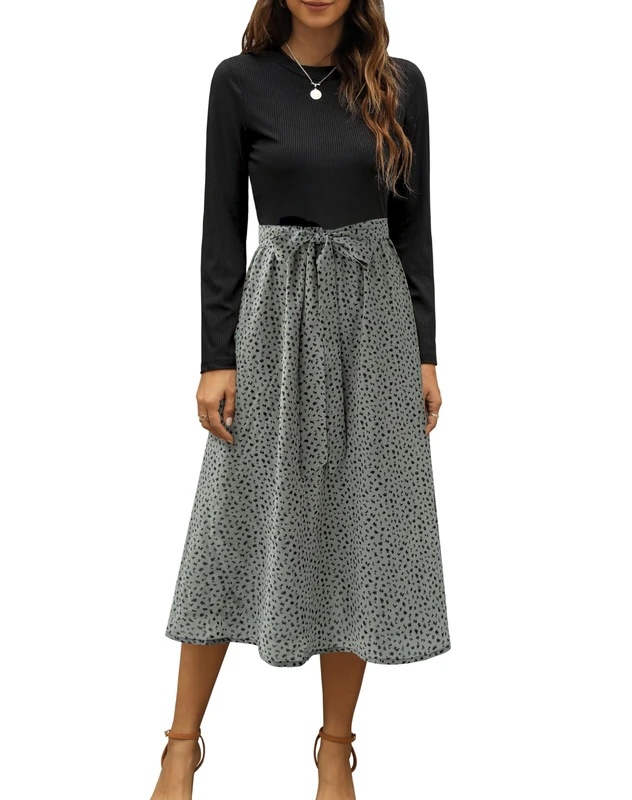 Zattcas Women's Clothes 2024 Summer Dress Short Sleeve Ribbed Teacher Church Modest Business Casual Work Outfits Midi Dress, Long Sleeve-blacksagegreen, L - Image 1