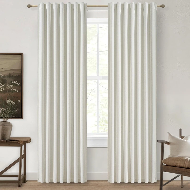 Beige White Cute Blackout Pleated Curtains 86 Inches Long 2 Pack, Insulated Sliding Door Curtain UV Heat Blocking Drapes for Living Room/Bedroom Faux Linen Ceiling Pins Hooks&Back Tab(W50 x L86)
