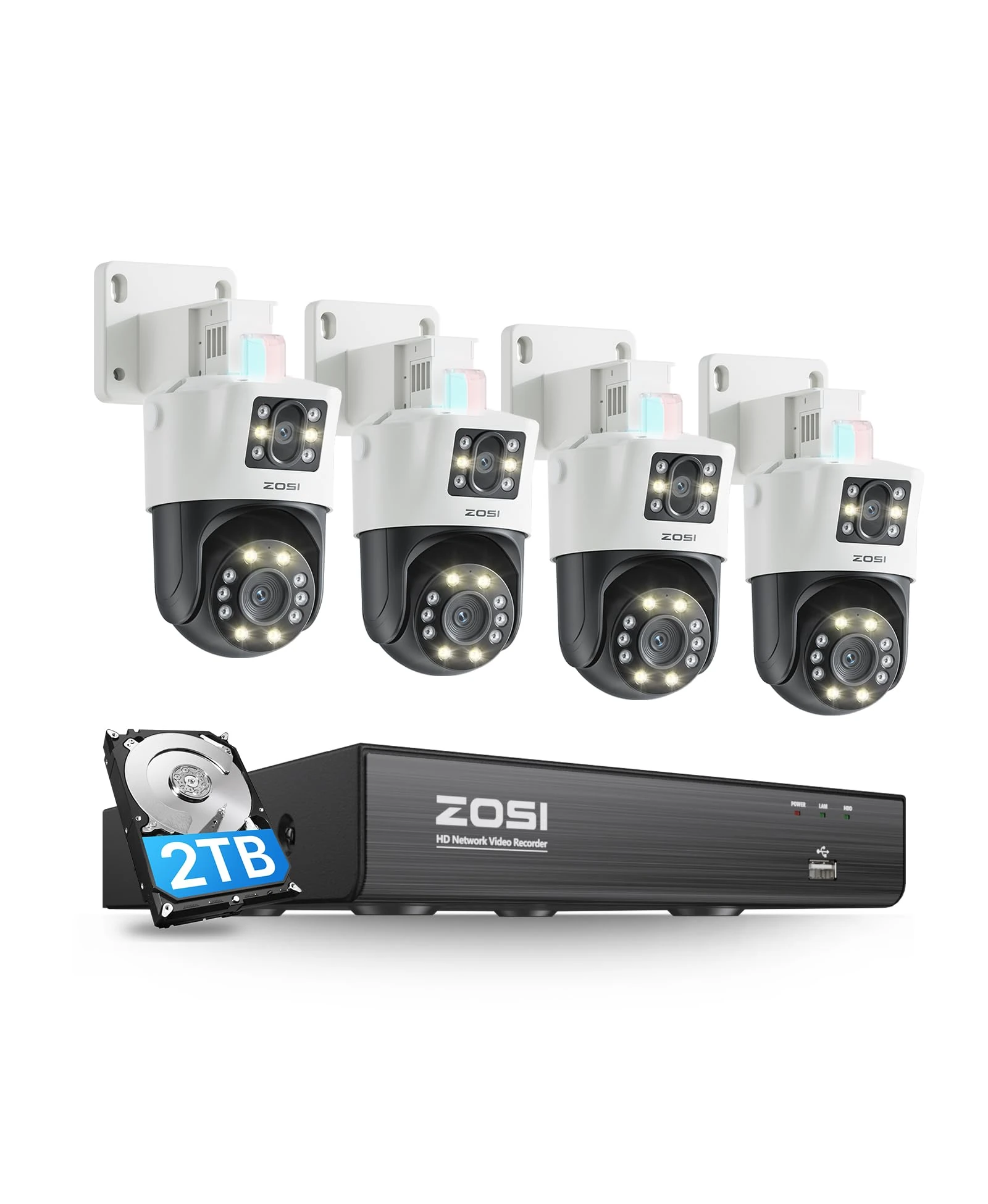 ZOSI 4KPoE CCTV Camera System Dual-Lens, 4pcs Pan/Tilt PoE Camera Outdoor, 2-in-1 Dual Views (4MP+4MP), Color Night Vision, Person/Vehicle Detect, Spotlight Siren, 8 Ports 16CH 8MP NVR with 2TB HDD