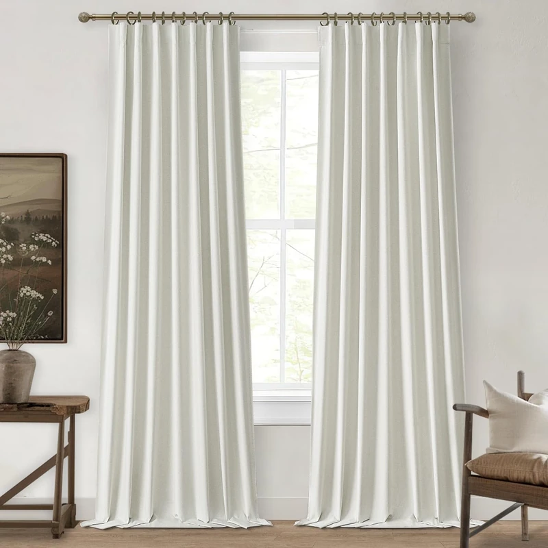 Black Out Pleated Curtains 105 Inch Long 2 Panels Burg, Sound Curtains Noise Reducing Heavy Drapes Boho Flax Linen Tall Curtain for Living Room/Office at Home Back Tab&Hooks(W50 x L105 Beige White)