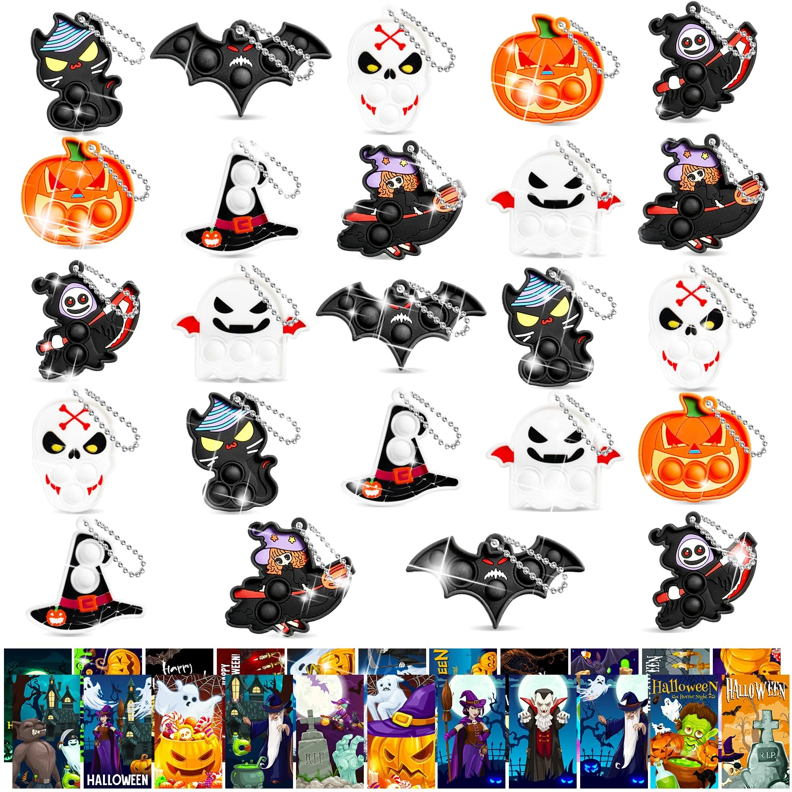 FIDWOD Halloween Party Bag Fillers for Kids: Multi-Item Party Favour Pack Pop Fidget Toys - Stocking Stuffers Goodie Bag Fillers - Stress Relief Sensory Silicone Set (24PCS Keychain+24PCS Card)