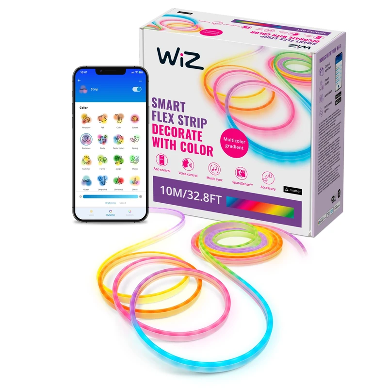 WiZ Tunable White and Color Neon Flex Lightstrip 10 m, LED Strip with 16 Million Colours or Dimmable Light from Warm White to Cool White, Intelligent Light Control via WLAN by Voice and App