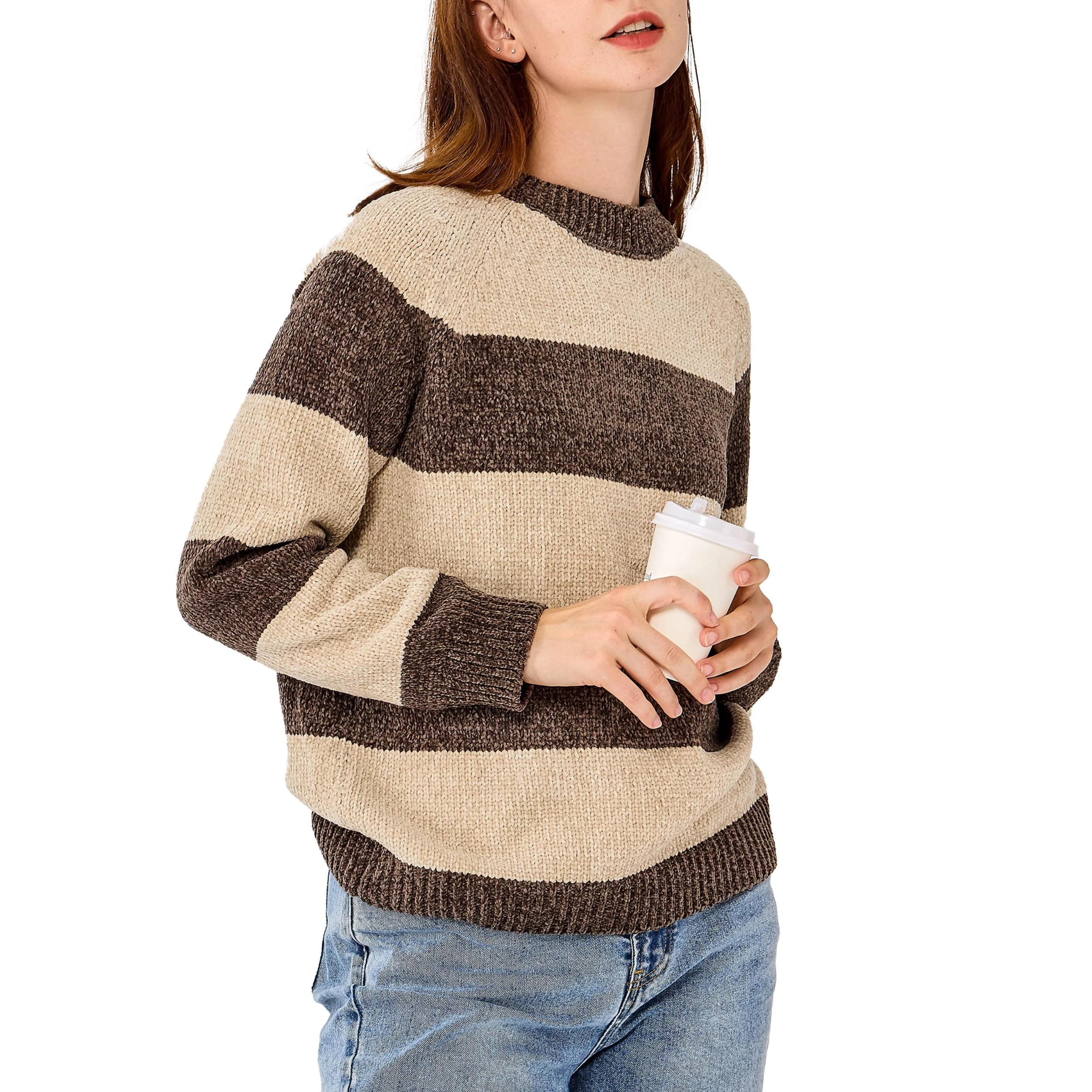 Simple&Opulence Women's Striped Colour Block Chenille Jumper, Warm Casual Long Sleeve Crewneck Pullover Sweater Trendy Knitted Sweatshirt, Coffee/Khaki, M