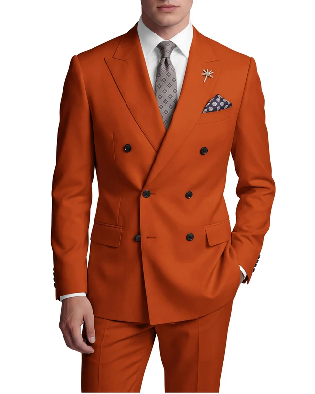 Wangyue Mens Suits Double Breasted Suit Men Slim Fit 2 Piece Wedding Prom Double Breasted Blazer Groom Suit Pants Sets, Orange, L