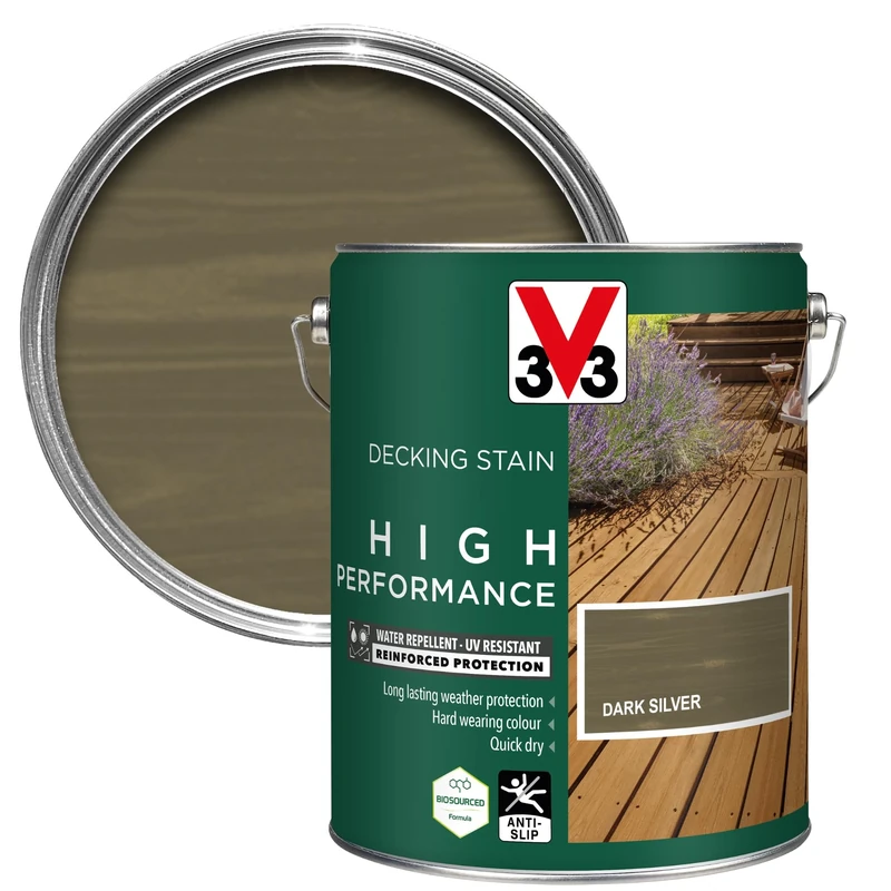 V33 High Performance Decking Stain - Long-Lasting Weather Protection - UV-Resistant - Anti-Slip - Biosourced Formula - Dark Silver 5 litres