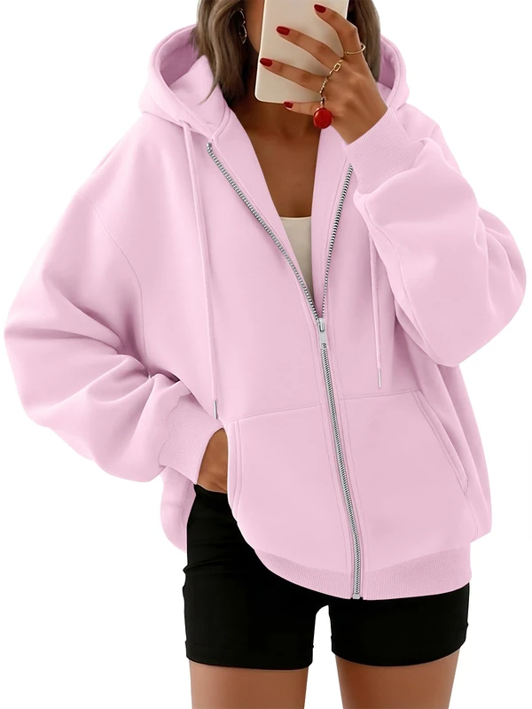 Trendy Queen Womens Zip Up Hoodies Oversized Sweatshirts Fall Fashion Outfits Casual Jackets 2025 Winter Clothes, Pale Pink, Large