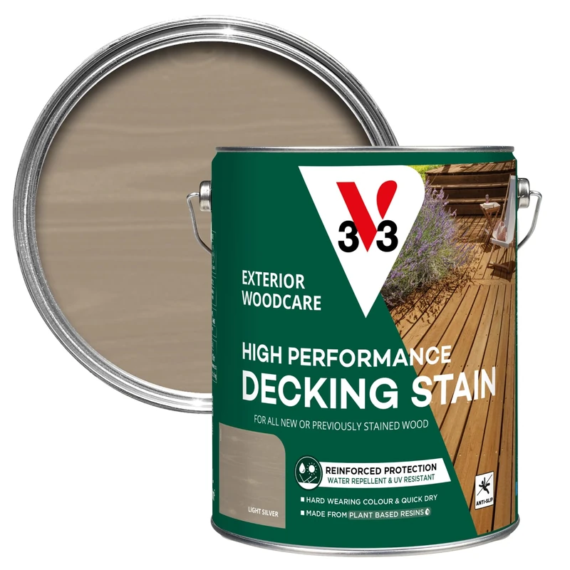 V33 High Performance Decking Stain - Long-Lasting Weather Protection - UV-Resistant - Anti-Slip - Biosourced Formula - Light Silver 5 litres