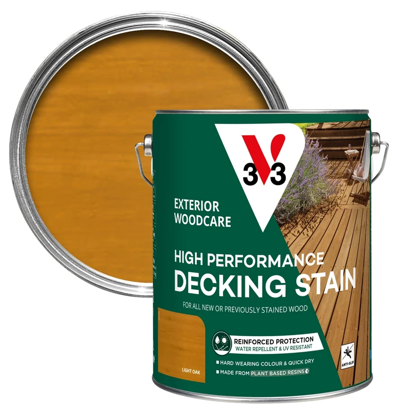 V33 High Performance Decking Stain - Long-Lasting Weather Protection - UV-Resistant - Anti-Slip - Biosourced Formula - Light Oak 5 litres