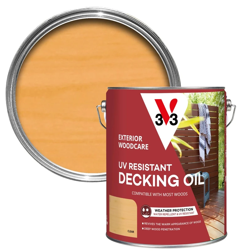 V33 UV Resistant Decking Oil - Protects & Revives - Enhanced UV Filters - Water-Repellent - Clear 5 Litres