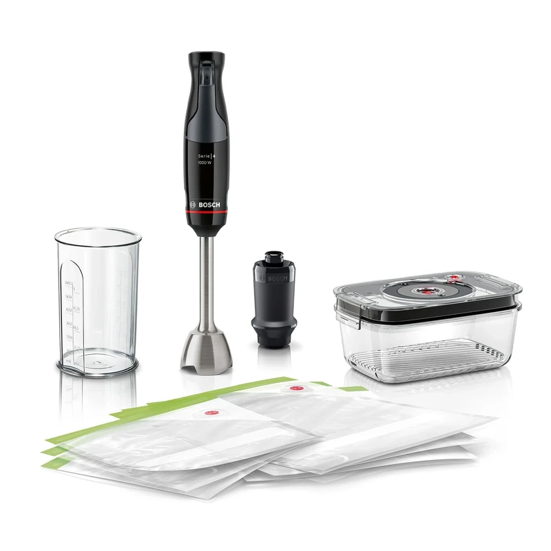 Bosch ErgoMaster Pressure Controlled Speed 2 in 1 Hand Blender with Vacuum Seal tool, Vacuum Glass Storage Box, Beaker & Zipper Bags, Stainless Steel Blade, MSM4B6V2GB, 1000 W Motor, Black