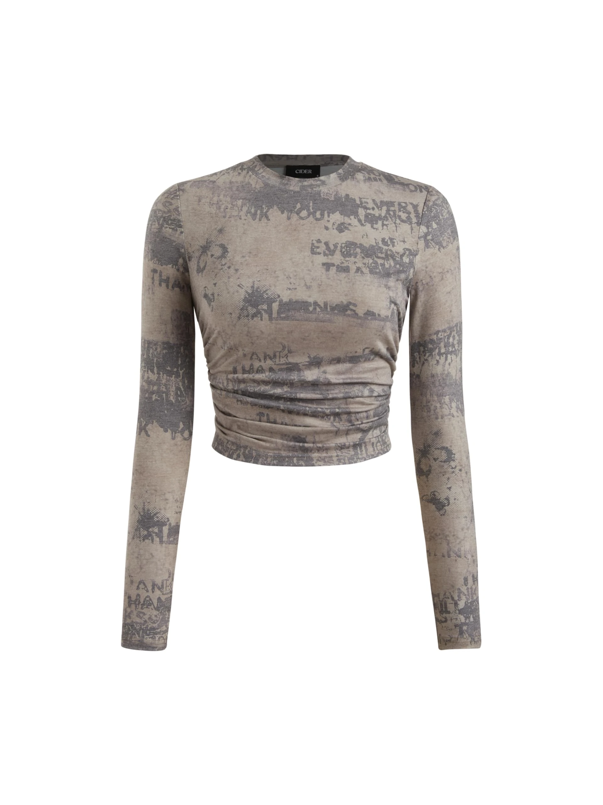 CIDER Women’s Round Neck Tie Dye Ruched Long Sleeve Fitted Crop Top Graphic Y2K Grunge Shirts, Grey, XS