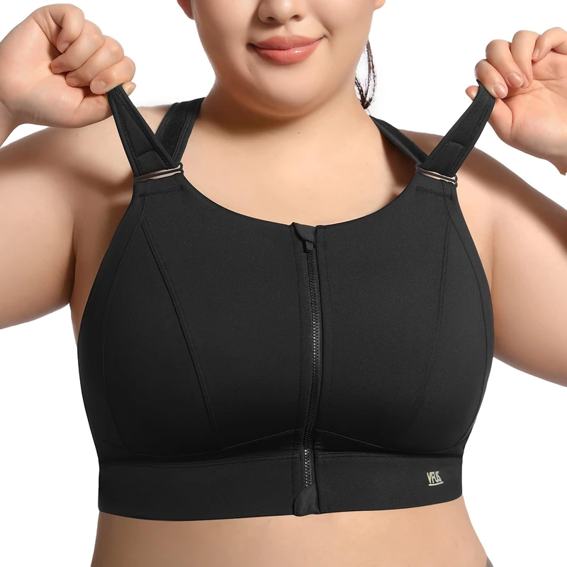 VFUS High Impact Sports Bras for Women Adjustable Zip Front Plus Size Workout Bra Full Coverage Removable Padded Running, Black, L