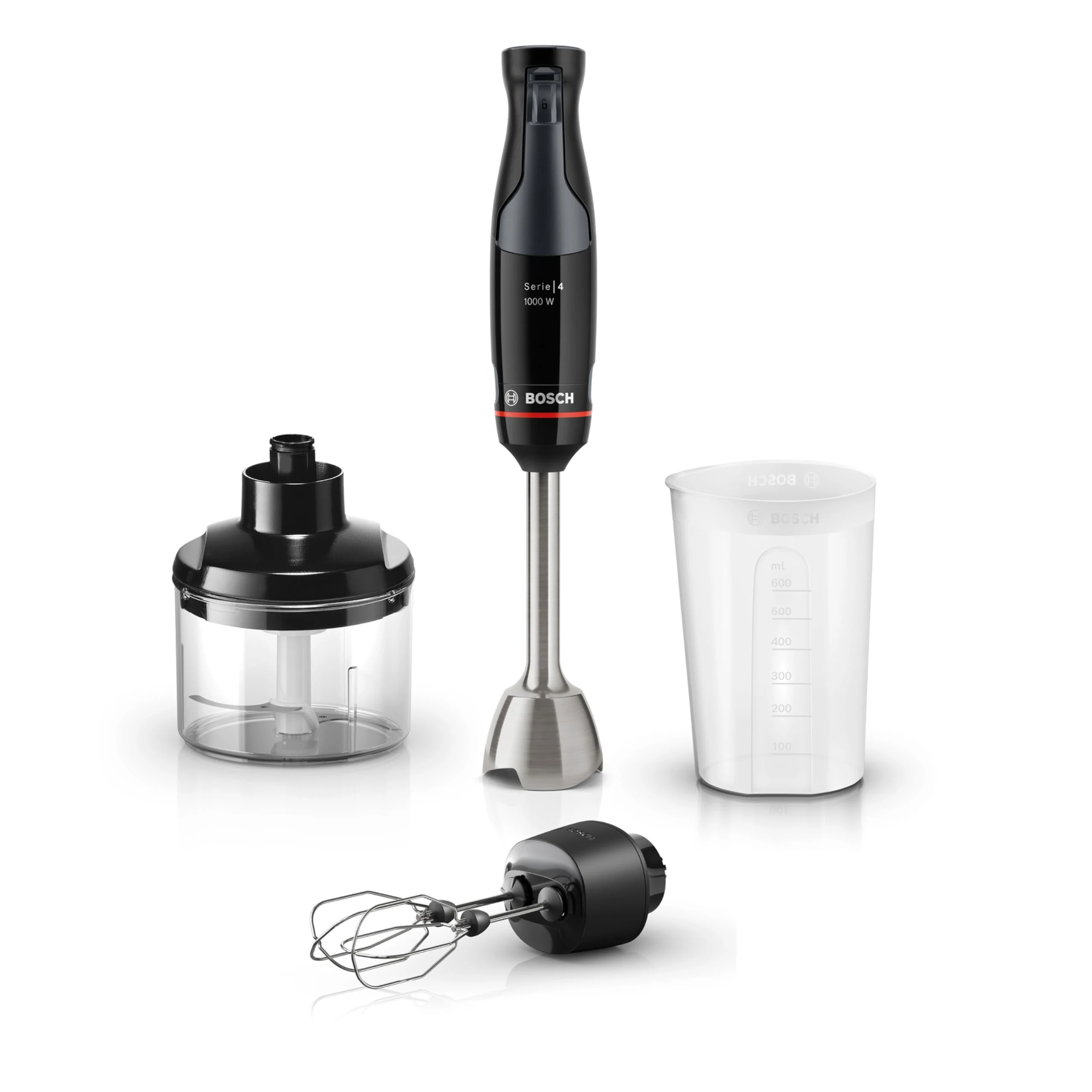 Bosch ErgoMaster Series 4 MSM4B624GB Pressure Controlled Speed 3 in 1 Hand Blender with Double Whisk, Mini Chopper and Beaker, Stainless Steel Blade, 1000 W Motor, Black