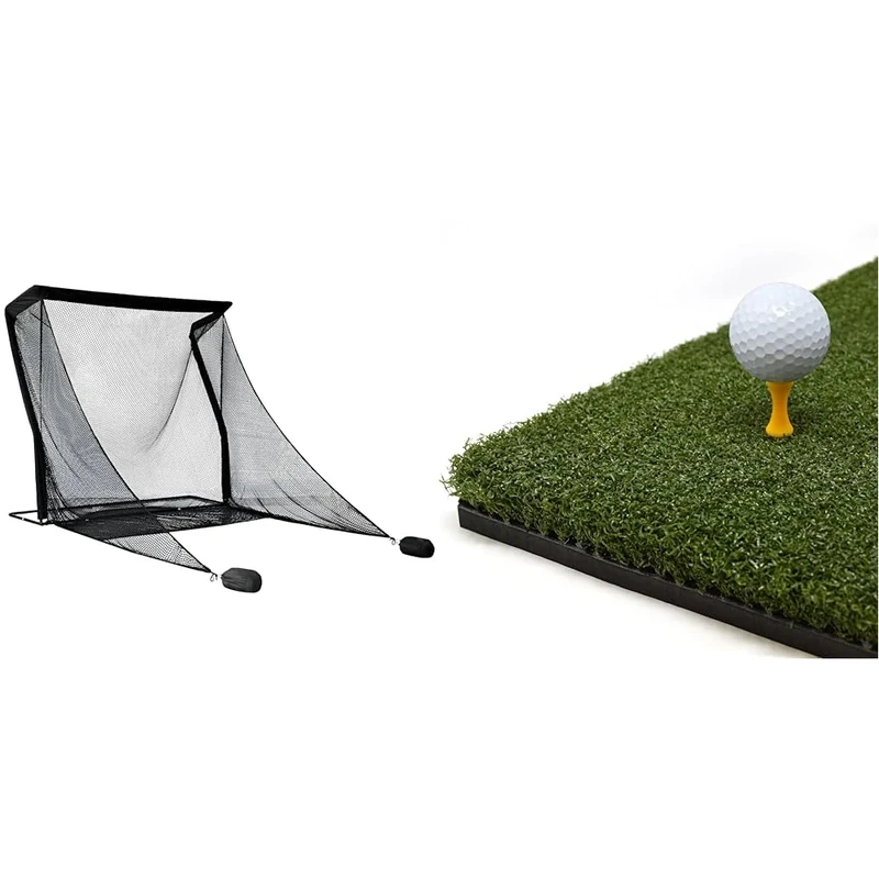 SimSpace Deluxe Home Driving Golf Net - Super Strong Netting, 2.5m (8.2ft) x 2.5m (8.2ft) x 3.84m (12.5ft) with SimSpace Tee Hitting Turf Mat 150x150cm