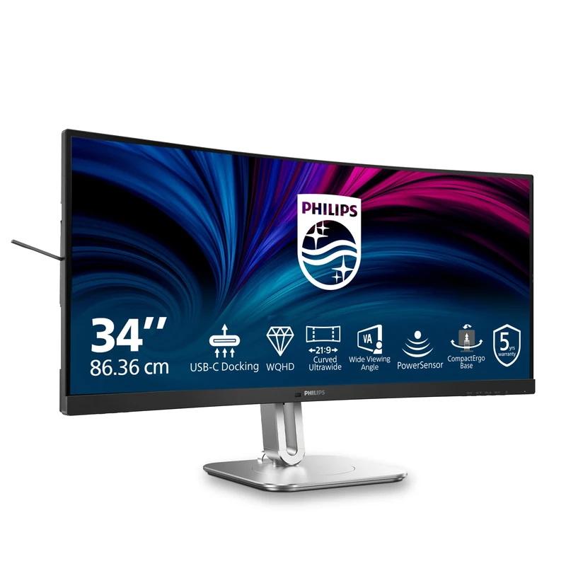 Philips 34B2U5600C - 34 inch WQHD curved monitor, height adjustable (3440x1440, 120Hz, HDMI, DisplayPort, USB-C (100W PD), RJ45, USB Hub) dark gray
