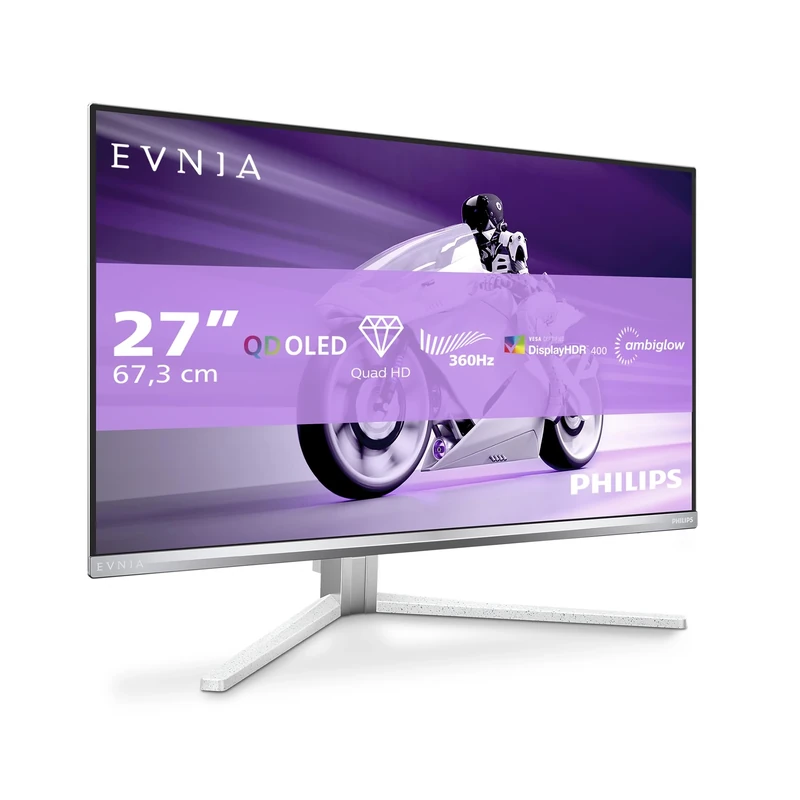 Philips Evnia 27M2N8500-27 Inch OLED QHD gaming monitor, 360 Hz, 0.03 ms, HDR400, Ambiglow, FreeSync. Prem., G-Sync comp. (2560x1440, 2X HDMI 2.1, 1x DP 1.4, USB Hub) White