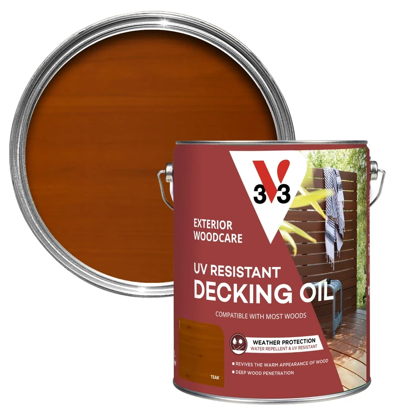 V33 UV Resistant Decking Oil - Protects & Revives - Enhanced UV Filters - Water-Repellent - Teak 5 Litres