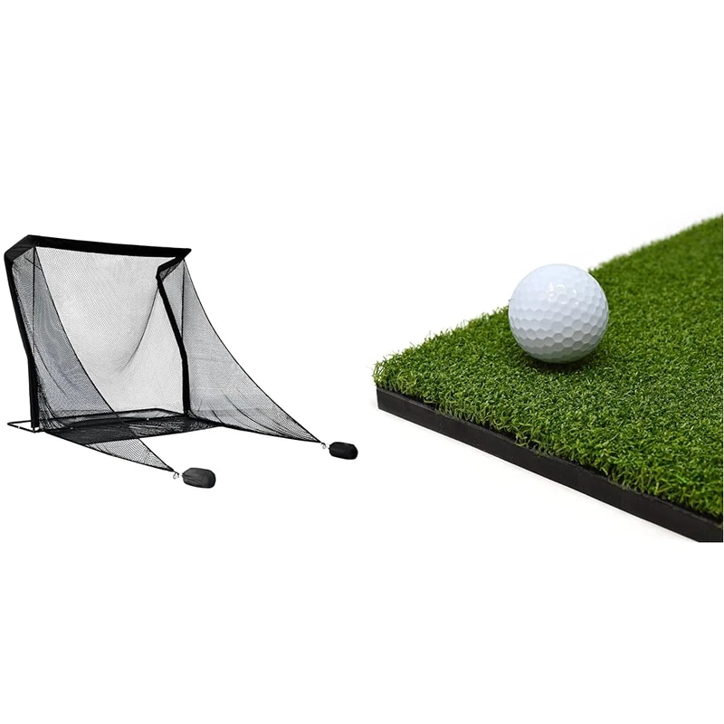 SimSpace Deluxe Home Driving Golf Net - Super Strong Netting, 2.5m (8.2ft) x 2.5m (8.2ft) x 3.84m (12.5ft) with SimSpace Standard Hitting Mat 150x150cm