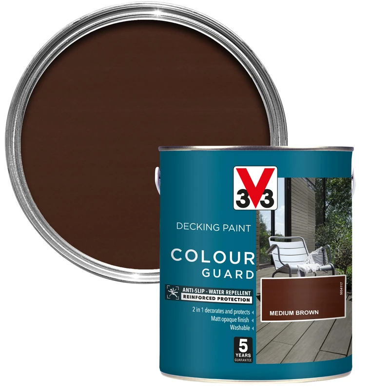 V33 Colour Guard Decking Paint - 5-Year Guarantee - Anti-Slip - UV-Resistant - Medium Brown 2.5 Litres