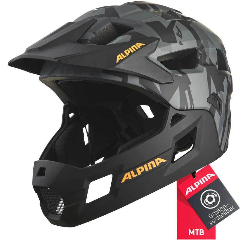 ALPINA RUPI black-camo orange matt, 50-55 cm, full-face helmet for children, optimum protection and safety, individually adjustable