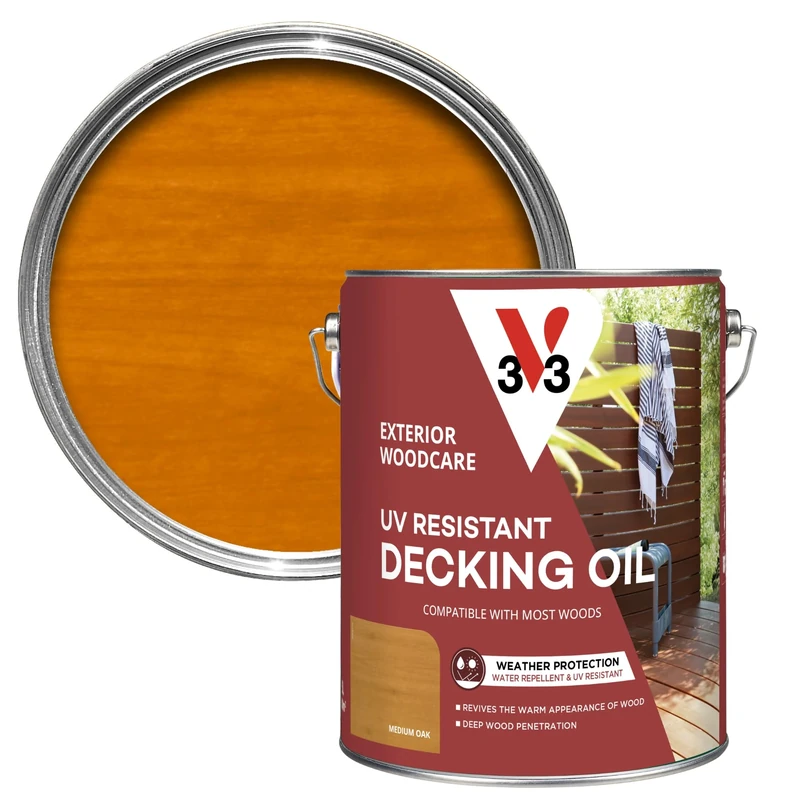 V33 UV Resistant Decking Oil - Protects & Revives - Enhanced UV Filters - Water-Repellent - Medium Oak 5 litres