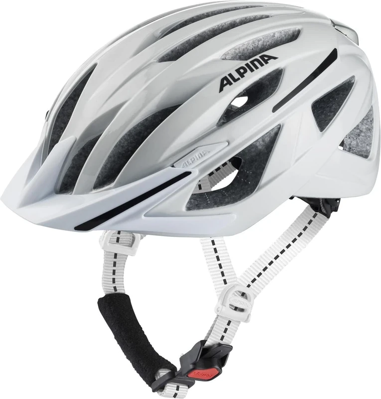 ALPINA HAGA, white gloss, 51-56 cm, bike helmet for men and women, high level of safety & comfort with Ergo Flex and integrated light