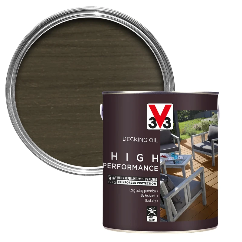 V33 High Performance Decking Oil - Long-Lasting Weather Protection - Anti-Slip - Water-Repellent - UV-Resistant - Grey 5 Litres