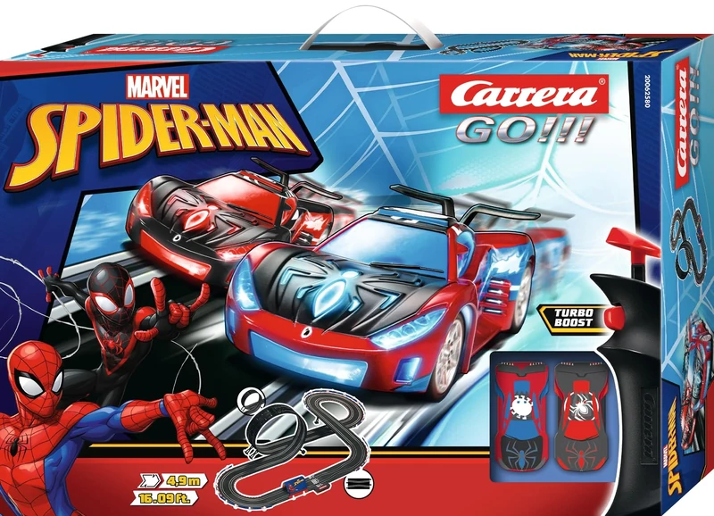 Carrera GO!!! 20062580UK Spider Racing I Slot Racing Set I 1:43 Scale I 4.9 Metres I With Spider-Man Speed Shifter (Blue) & Spider-Man Speed Shifter (Black) I UK Plug
