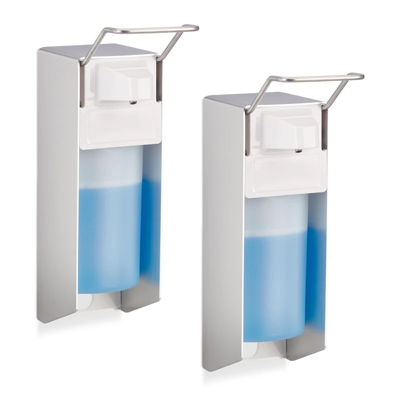 Relaxdays Disinfectant Dispenser, Set of 2, 500 ml, Liquid Soap Container, Wall-Mounted, Toilet, Office, Silver/White, Aluminium, 28 x 8 x 15 cm
