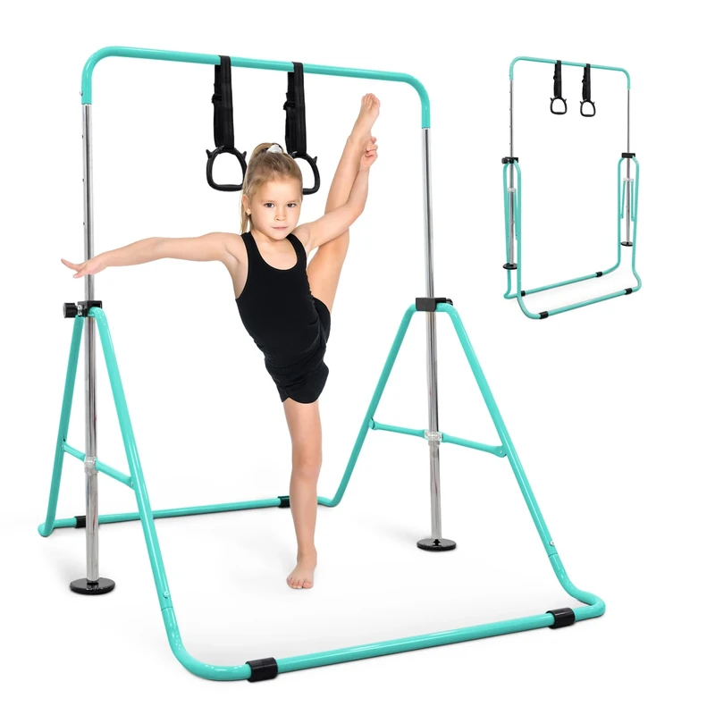 KAYMAN Foldable Gymnastics Horizontal Bar with Hand Protection Wrap, Adjustable Height & Feet - Durable Iron Equipment for Flexibility Training, Compact & Stylish (Teal., Small (90-130cm))