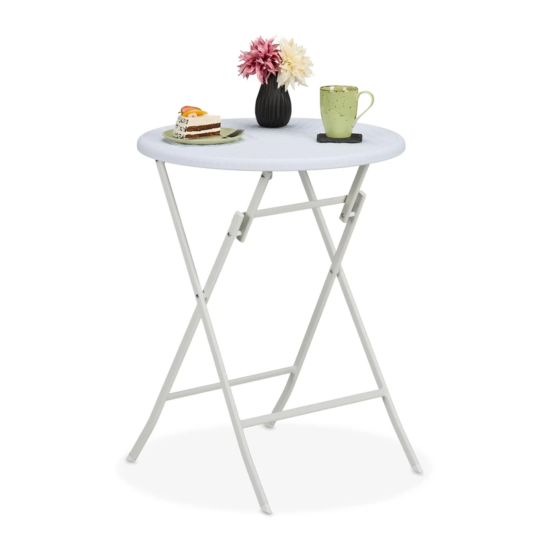 Relaxdays Garden Table, Foldable, HWD: 75 x 60 x 60 cm, Rattan Look, Plastic & Steel, Outdoor, Round, for Balcony, White