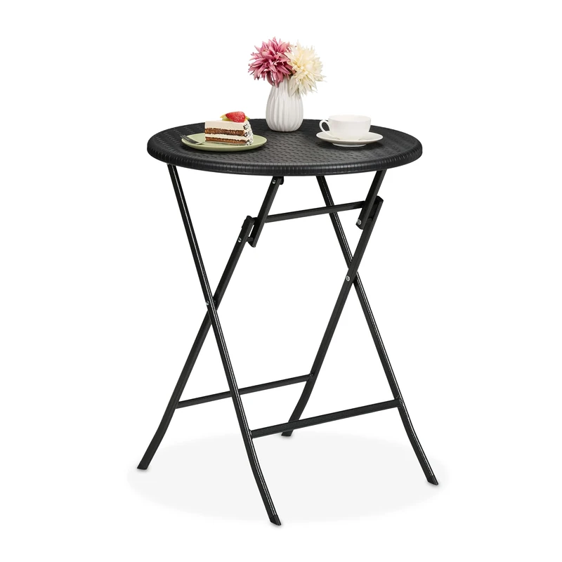 Relaxdays Garden Table, Foldable, HWD: 75 x 60 x 60 cm, Rattan Look, Plastic & Steel, Outdoor, Round, for Balcony, Black