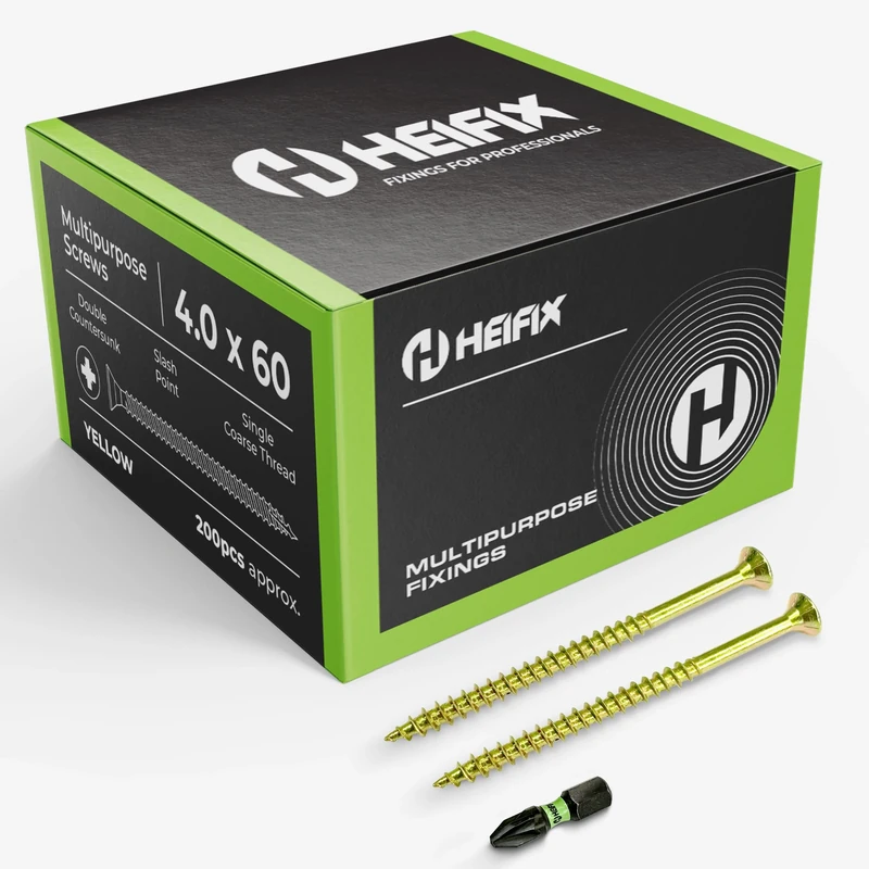 Heifix Multi-Purpose Wood Screws - FREE Screw Bit Included (QTY 200, 4mm x 60mm) Pozi Double Countersunk