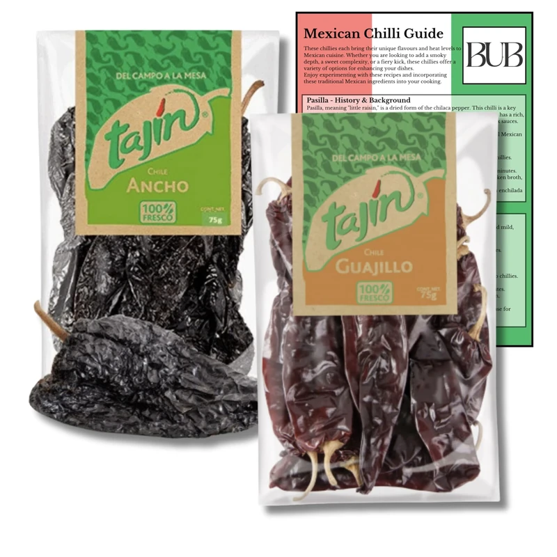 BUB Mexican Chilli Gift Pack - 2-Pack of 75g Tajin Dried Mexican Chillies: Guajillo and Ancho - with included Sauce Recipes & Chilli Guide (2 Pack)