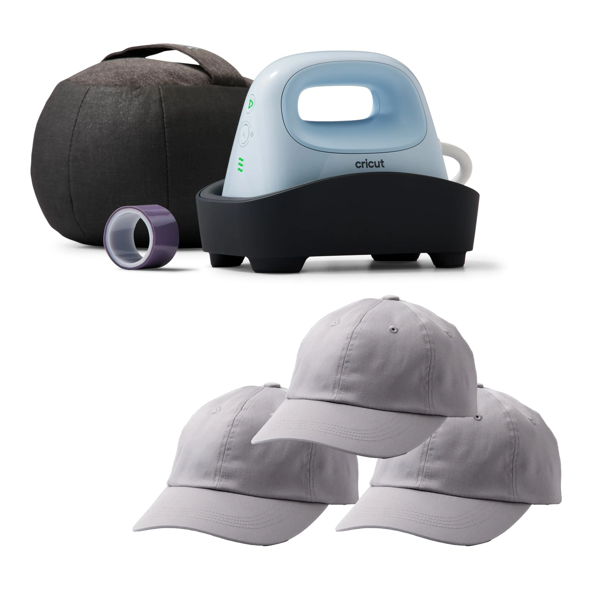 Cricut Hat Press Starter Kit - Includes Hat Heat Press & 3 Blank Ball Caps (Gray)