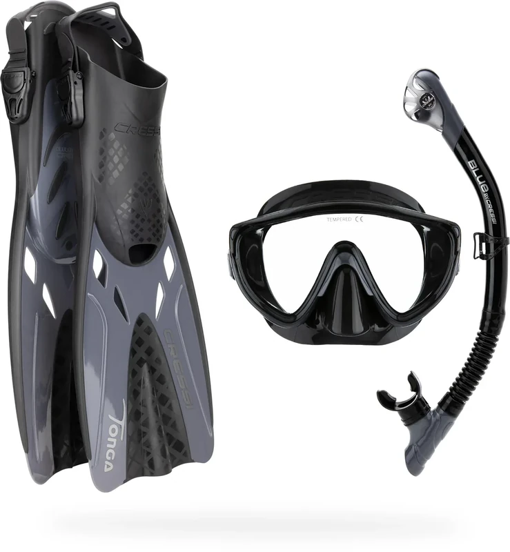 Cressi Tino Adventure Set Black/Graphite [S/M] - Snorkel Set Tonga Fins, Tino Mask and Scilla Snorkel for Snorkelling and Diving, Black/Graphite, S/M, Adults