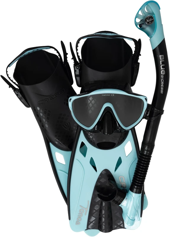 Cressi Tino Adventure Set Black/Ice Cyan [S/M] - Snorkel Set Tonga Fins, Tino Mask and Scilla Snorkel for Snorkelling and Diving, Black/Ice Cyan, S/M, Adults