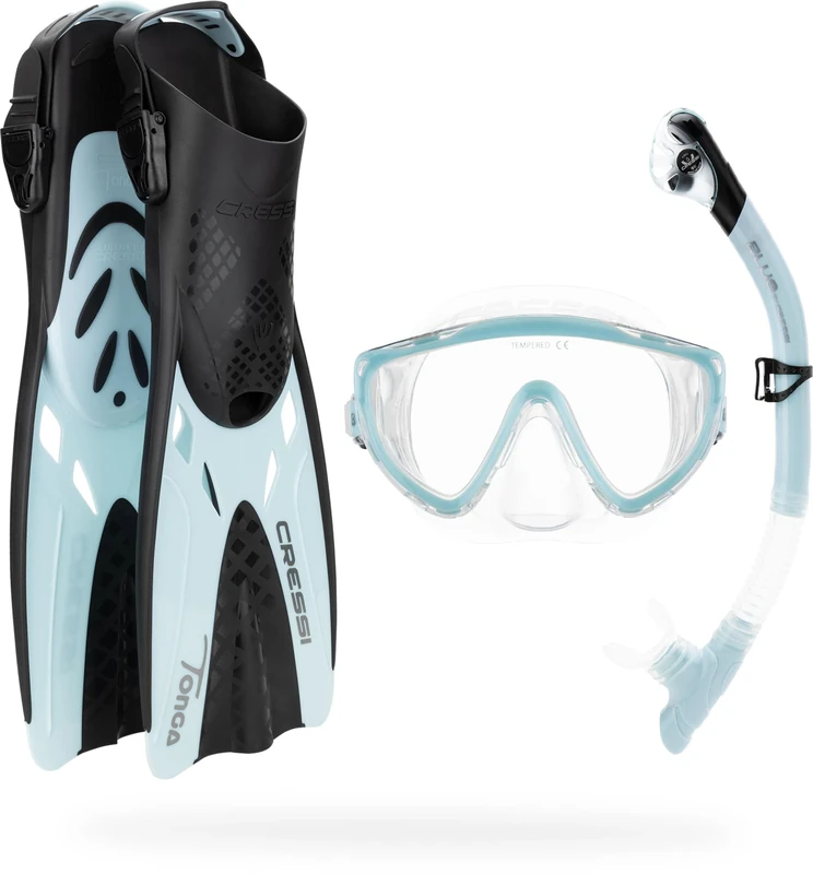 Cressi Tino Adventure Set Black/Ice Cyan [L/XL] - Snorkel Set Tonga Fins, Tino Mask and Scilla Snorkel for Snorkelling and Diving, Black/Ice Cyan, L/XL, Adults